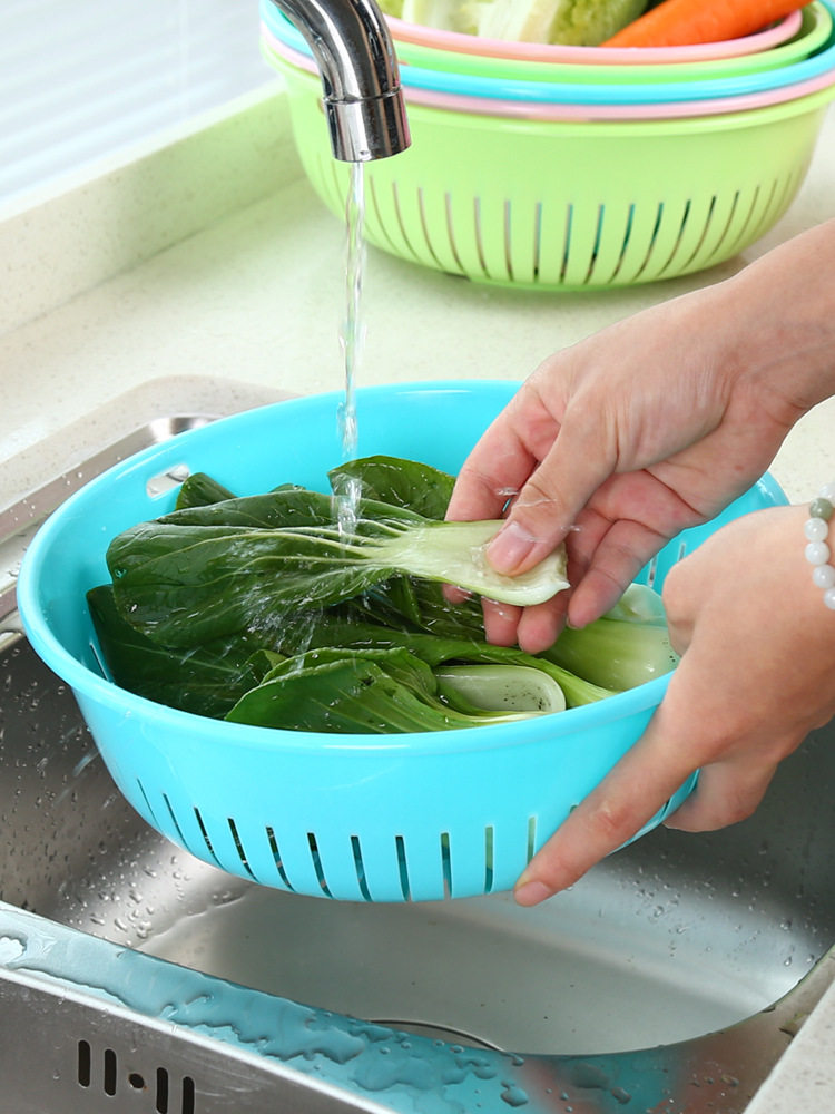 Round Hollow Drain Vegetable Washing Basket Plastic Basket Kitchen Vegetable Washing Basin Fruit Basket Vegetable and Fruit Drain Basket Storage Basket