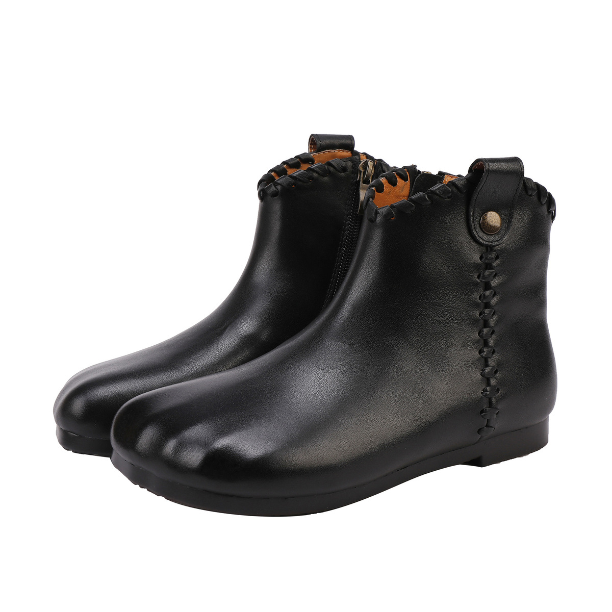 Boot nữ da bò thật cổ thấp gót bằng khoá kéo bên hông — màu đen, màu nâu