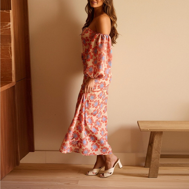 Summer Floral Maxi Dress for Women Casual Vacation Style Puff Sleeve Strapless Comfortable Fabric Wholesale