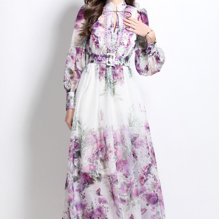 Elegant Floral Maxi Dress High Waist Lantern Sleeves Spring Collection Perfect for Formal Occasions Wholesale
