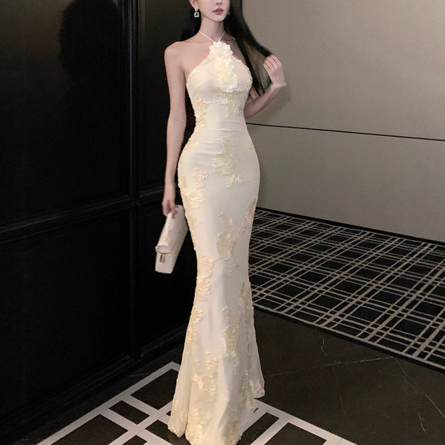 Backless Mermaid Long Dress Floral 3D Design Elegant Fit Sheer Fabric Perfect for Birthdays and Special Occasions