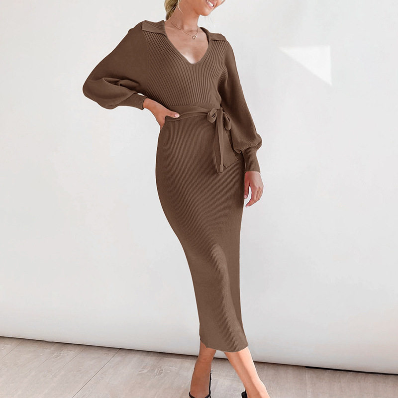 Knitted Sweater Dress Lantern Sleeve Solid Color Vintage Style Autumn Winter Fashion Wholesale Available