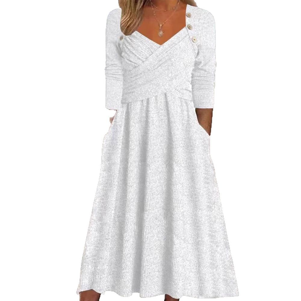 V Neck Long Sleeve Casual Dress Solid Color Autumn Winter Style Perfect for Everyday Wear Wholesale Available
