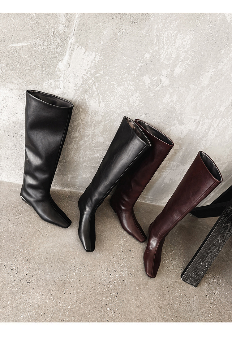 Boot cao cổ nữ da bò mũi vuông gót thấp phong cách thanh lịch — màu đen, Màu đỏ rượu