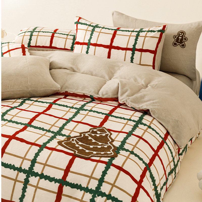 Yimo Christmas Limited Milk Velvet Four-Piece Gingerbread Man Towel Embroidered Winter Bed Bed Sheets Quilt Cover Thickeneded Warm Gift