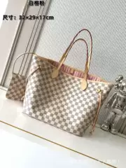 Classic Monogram Neverfull Shopping Bag, Single Shoulder Tote, Genuine Leather, Checkered Pattern, Women's Bag, Large Capacity