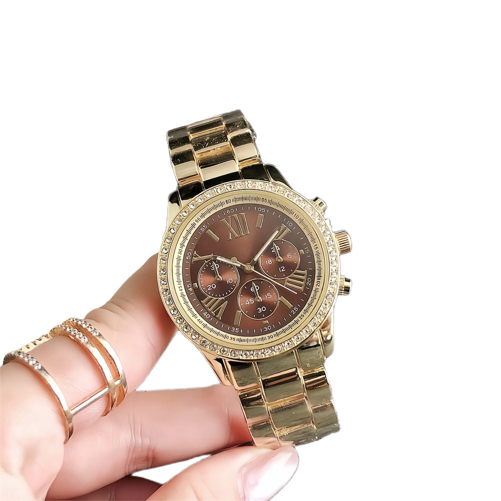 Rose Gold Diamond-encrusted Luxury Watch Men's and Women's Large Dial Three Eyes New Waterproof Watch Elegant Internet Celebrity Watch