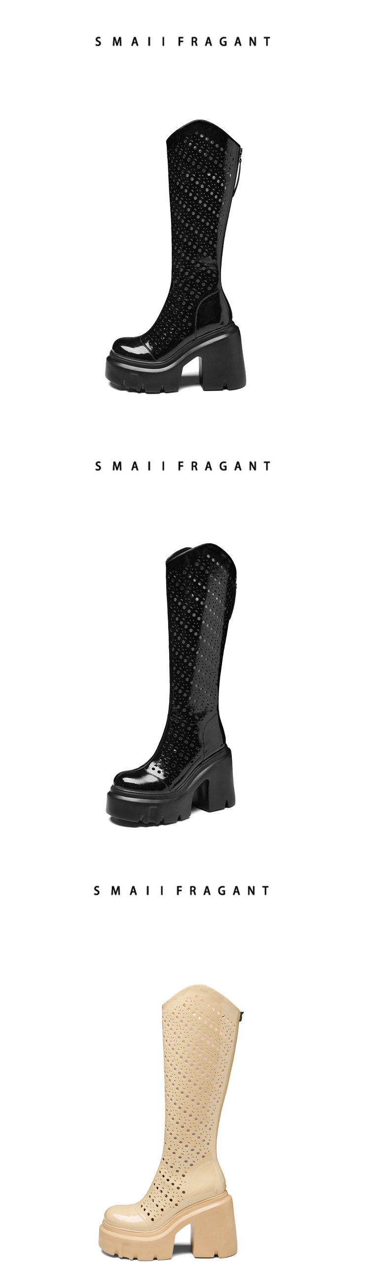 Boot nữ cổ thấp da láng thoáng khí gót cao 8 cm — [Màu hồng đào], [Màu đen] chi tiết 8