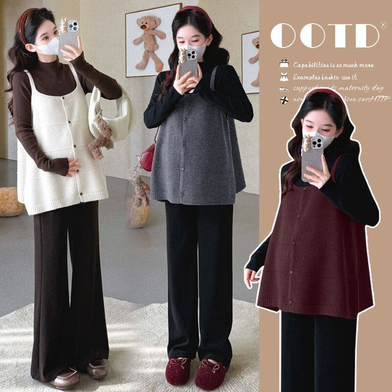 Maternity Autumn New Fashion Stylish Loose Camisole Knit Top Half-Neck Slimming Base Shirt Korean Style Two-Piece Set