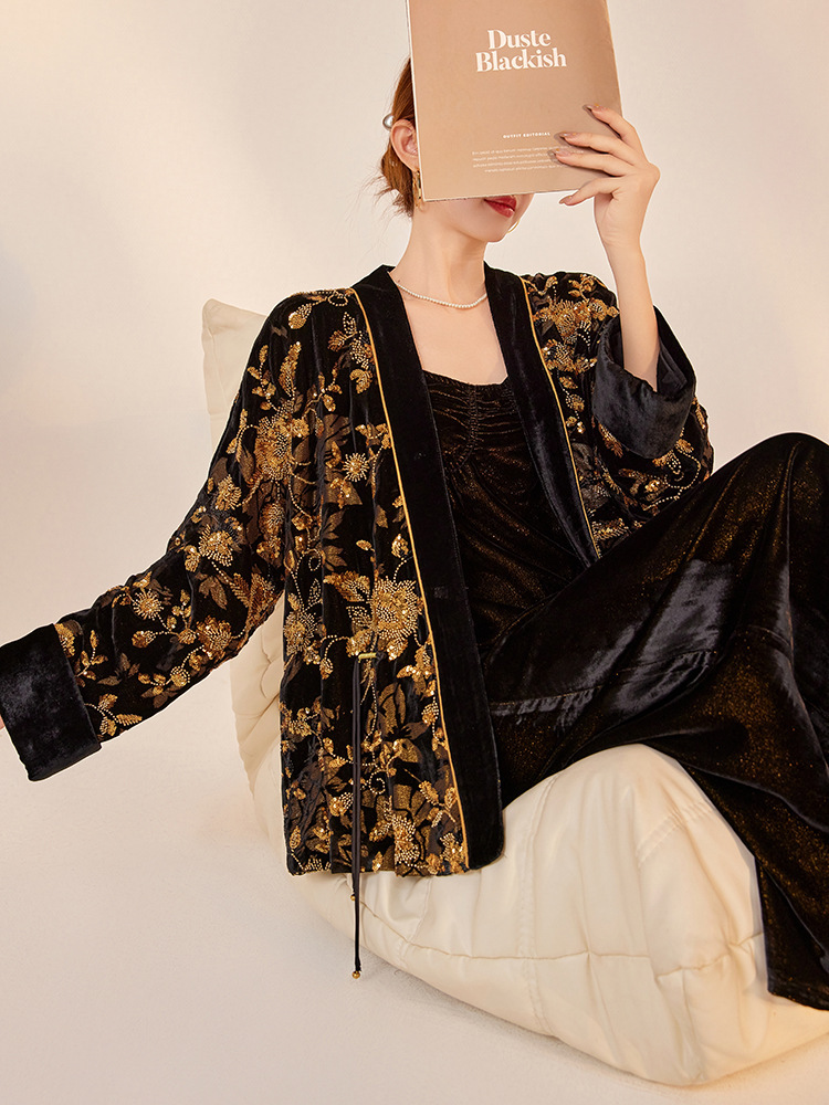 Áo cardigan nữ cổ chữ V dài tay thêu hoa đính cườm chất lụa tơ tằm cao cấp — Obsidian Black (Giao hàng trong 7 ngày)