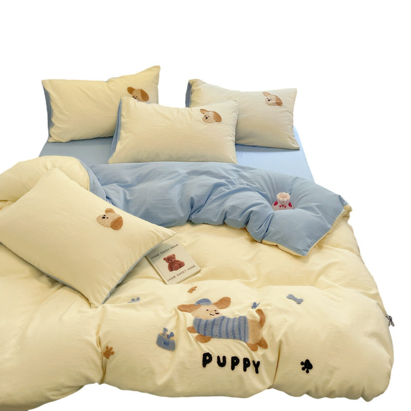 Ins New Towel Embroidered Cartoon Bedding Four-Piece Set Washed Cotton Quilt Cover Student Dormitory Bed Bed Sheets Three-Piece Set 4