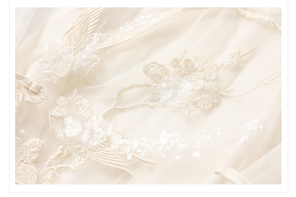 Áo gile nữ thêu họa tiết động vật cổ chữ V dáng thắt dây phối lụa organza