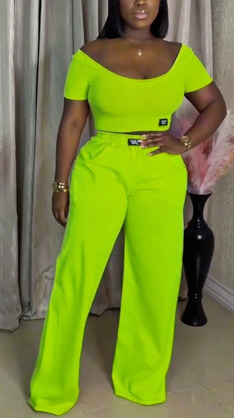 Summer Womens Casual Set Solid Color Round Neck Short Sleeve Top with Long Pants Perfect for Everyday Wear