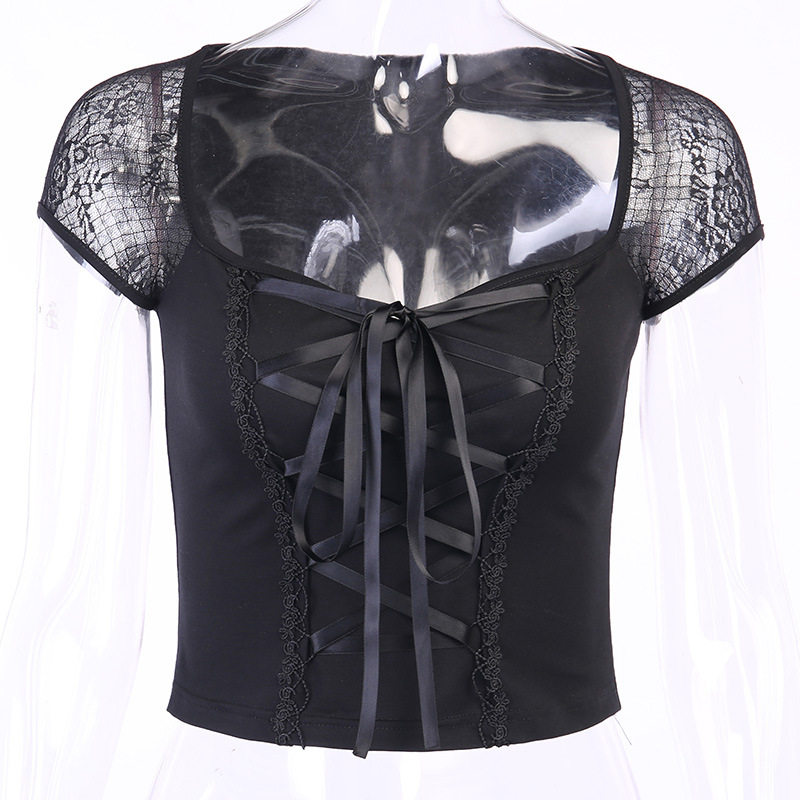 Lace Panel Short Sleeve Top Sexy Street Style Square Neck Slim Fit Womens Fashion for Casual Outings Wholesale