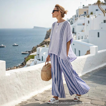 European and American New Color-matching Striped Casual T-shirt Imitation Linen suit Loose Wide-leg Cropped Pants Striped Casual suit