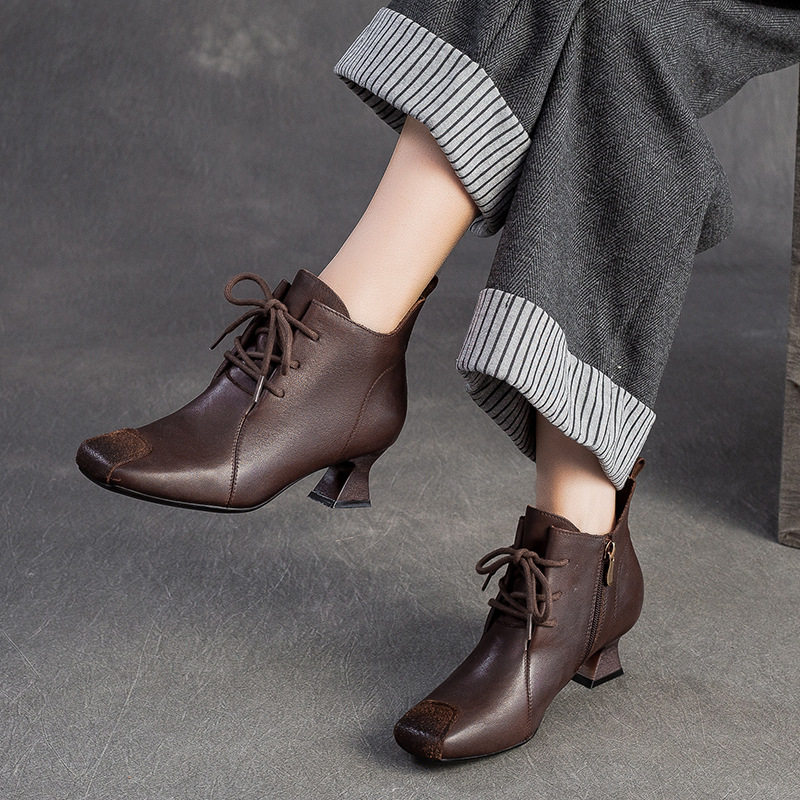 Boot Nữ Da Bò Cổ Lửng Gót Vuông Chiều Cao Đế Khoảng 5cm Màu Đen, Nâu
