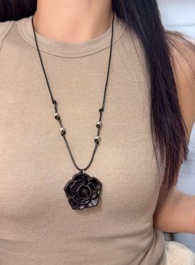 冷艳山茶花长款项链复古民族风吊坠女25年新款古风手作编织锁骨链