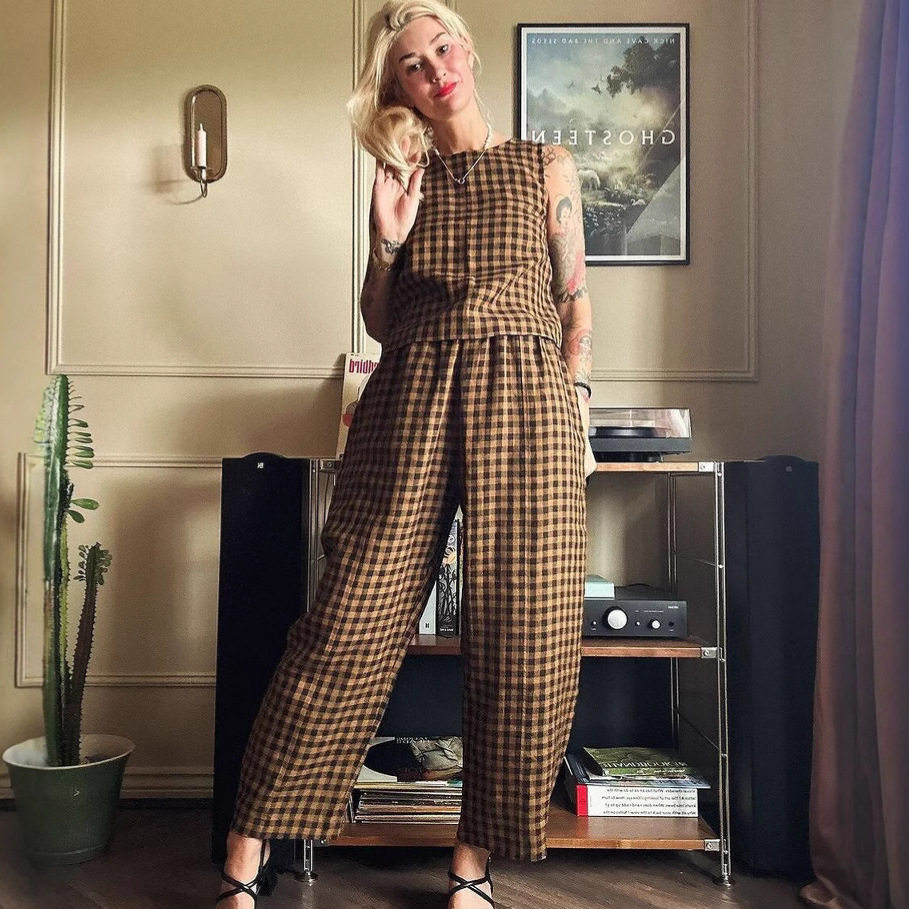 Cross-border European and American Women's 2025 Amazon TK New Printed Plaid Loose Casual Sleeveless Vest Pants suit