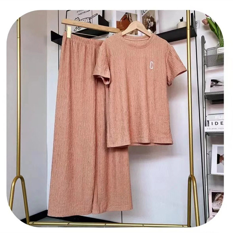 夏季薄款千千叶芊芊叶C字母圆领短袖长裤阔腿裤休闲两件套装女装Y,淘宝优惠券,粉丝福利购,淘宝优惠卷