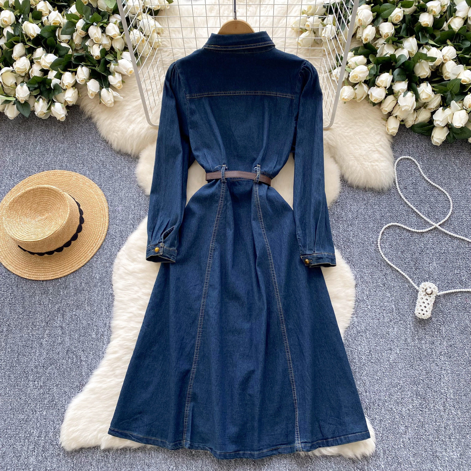 Vintage Style Denim Polo Dress for Women Slim Fit Belted Button Design Elegant Long Dress for Winter Wholesale