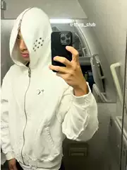 THUG CLUB VIBE washed metal zipper masked ninja hooded cardigan short sweater men's fashion brand coat