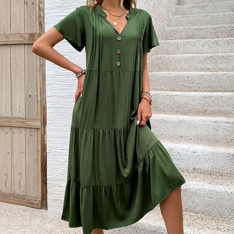 Casual Beach Vacation Dress Loose Fit Button Decoration Solid Color Summer Wear Wholesale Available