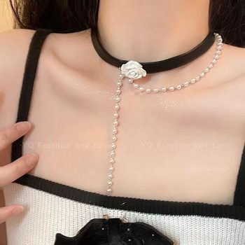 Rose Pearl Choker Black Collar Clavicle Chain Niche High-grade Necklace Neck Belt Chanel Style Necklace Accessories Women