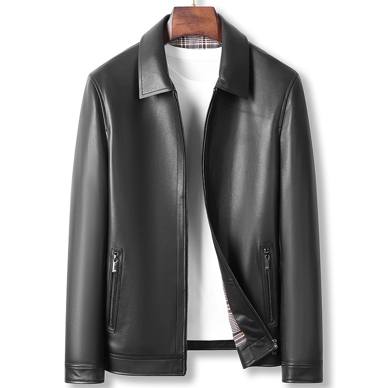 Áo Da Nam Chất Liệu Da Bò Dáng Ôm Kín Cổ Hàng Mùa Xuân Thu Đông Trung Niên