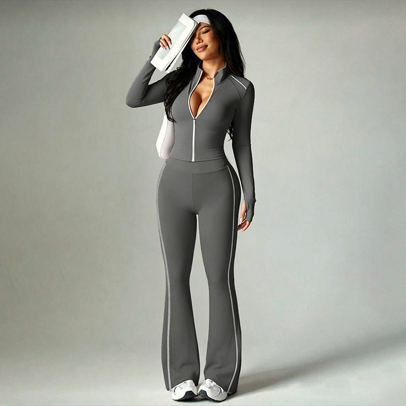 Womens Long Sleeve Zip Top and Fitted Sport Pants Set Solid Color Stylish Lines Autumn Fashion Wholesale Available