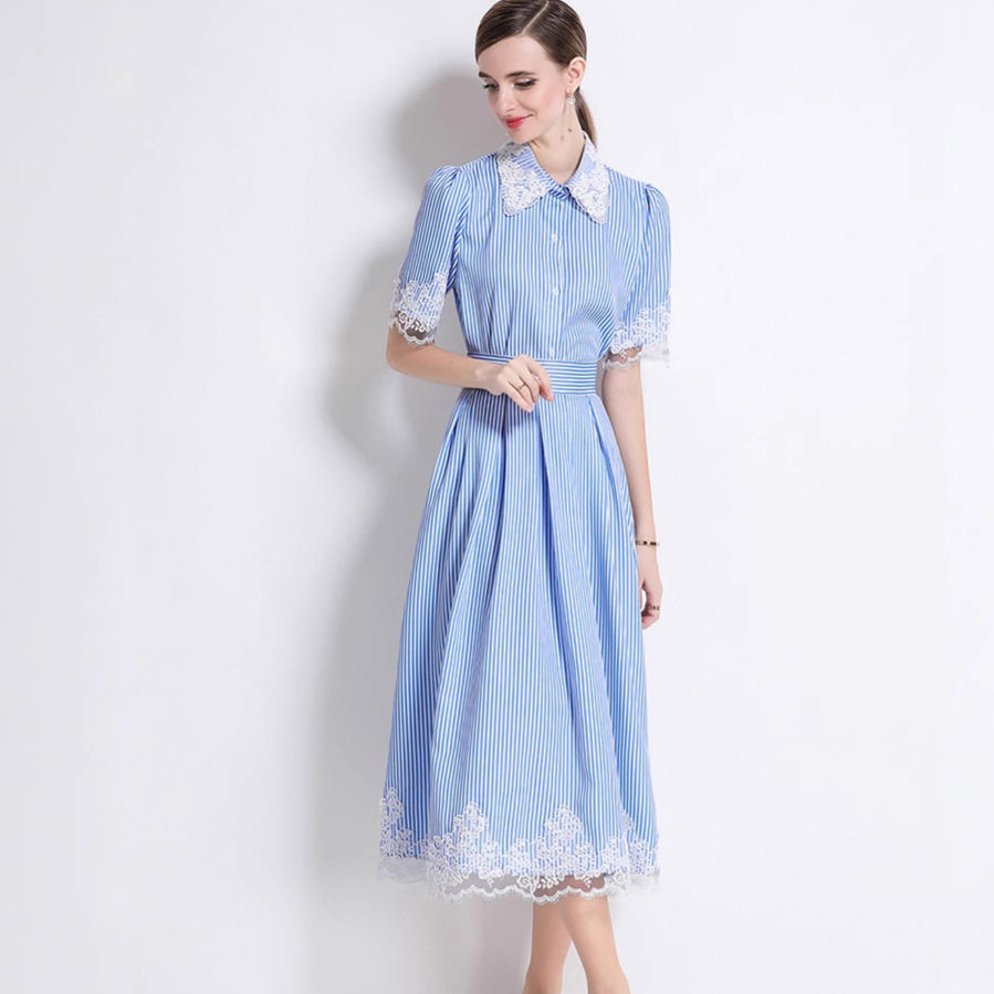 Pink Lace Trimmed Striped Short Sleeve Shirt Set High Waist Flattering A Line Skirt Casual Chic Outfit Wholesale