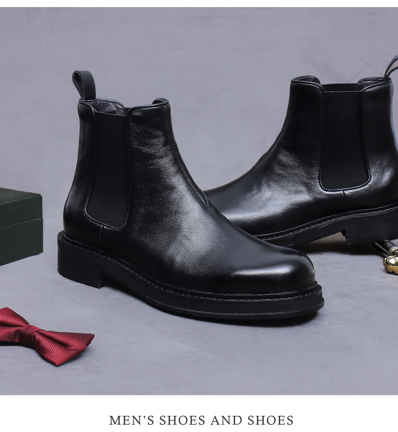 Giày boot Chelsea nam da bò thật cổ thấp đế dày phong cách công sở — đen