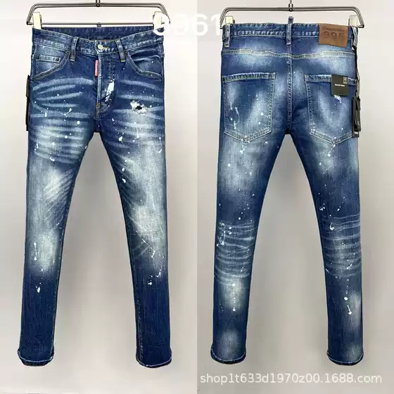 9961 New D2 Men's Denim Pants with Patches, Personalized European Style, Faded White, Straight-Leg, Cross-Border Trendy Jeans