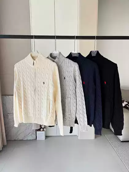 Cross-border RL Pony Warhorse Embroidery Knitted Zip Cardigan Small Logo Stand Collar Polo Cable Knit Sweater Lazy Style Trend