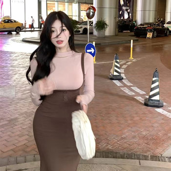 Autumn and Winter German Velvet Warm dress suit Women's Spice Girls Tight Waist Tight Sexy Hip Mid-length Fishtail Skirt Two-piece Set