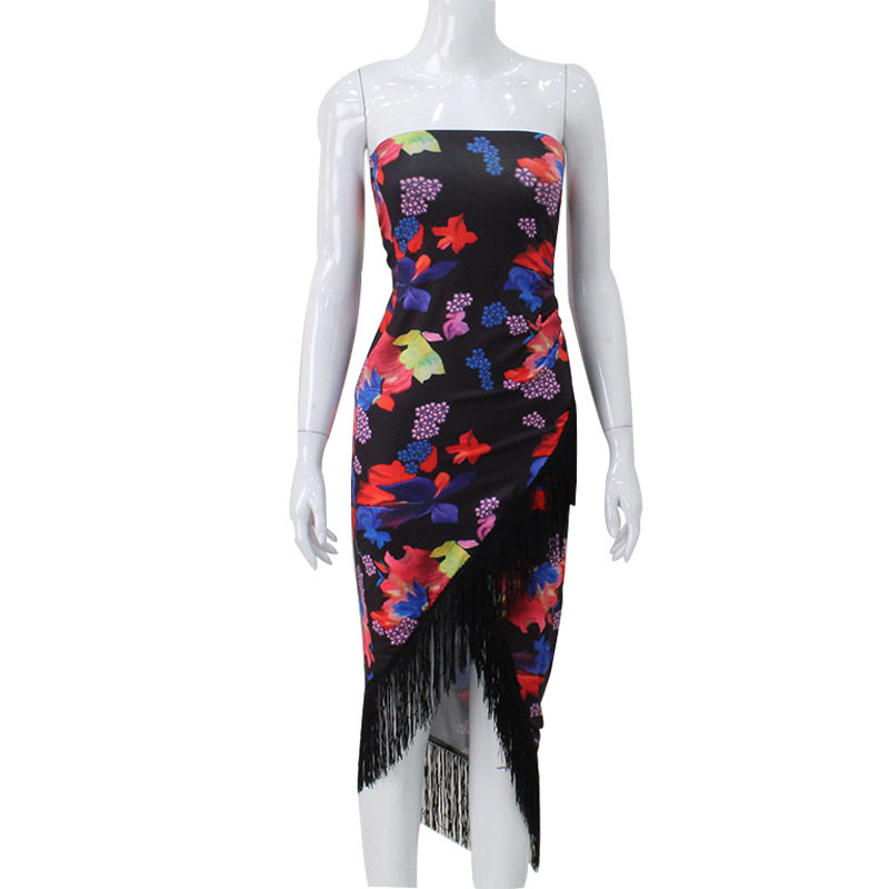 Summer Womens Strapless Dress Floral Print Fringe Hem Mid Length Beach Vacation Style Wholesale Available