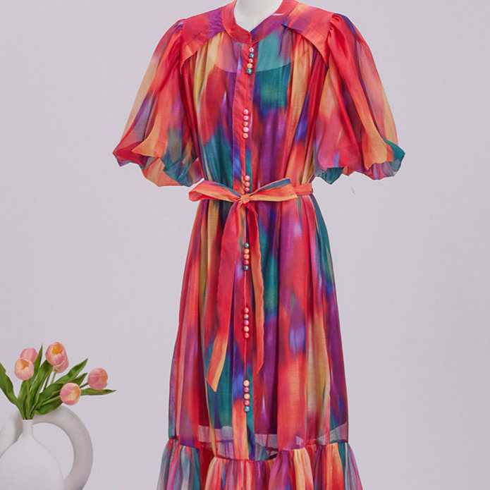 Long Sleeve Puff Sleeve Shirt Dress Waist Defining Floral Print Button Closure Spring Fashion for Women OEM