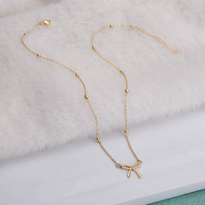Small Cut Out Bow Pendant Necklace, Simple, Fresh, Sweet and Cute Clavicle Chain, Fashionable Bead Chain Jewelry for Women