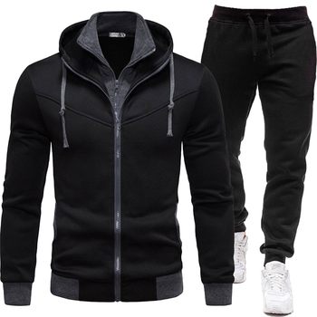 Autumn and Winter Sports Splicing Men's Jacket Casual Long-Sleeved Trousers Hooded Sports Men's Suit Two-Piece Set