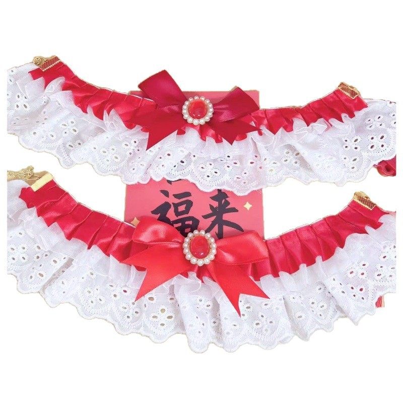 2025 Cross-Border New Festive Red Gemstone Collar Cat Elegant White Lace Collar Dog Collar