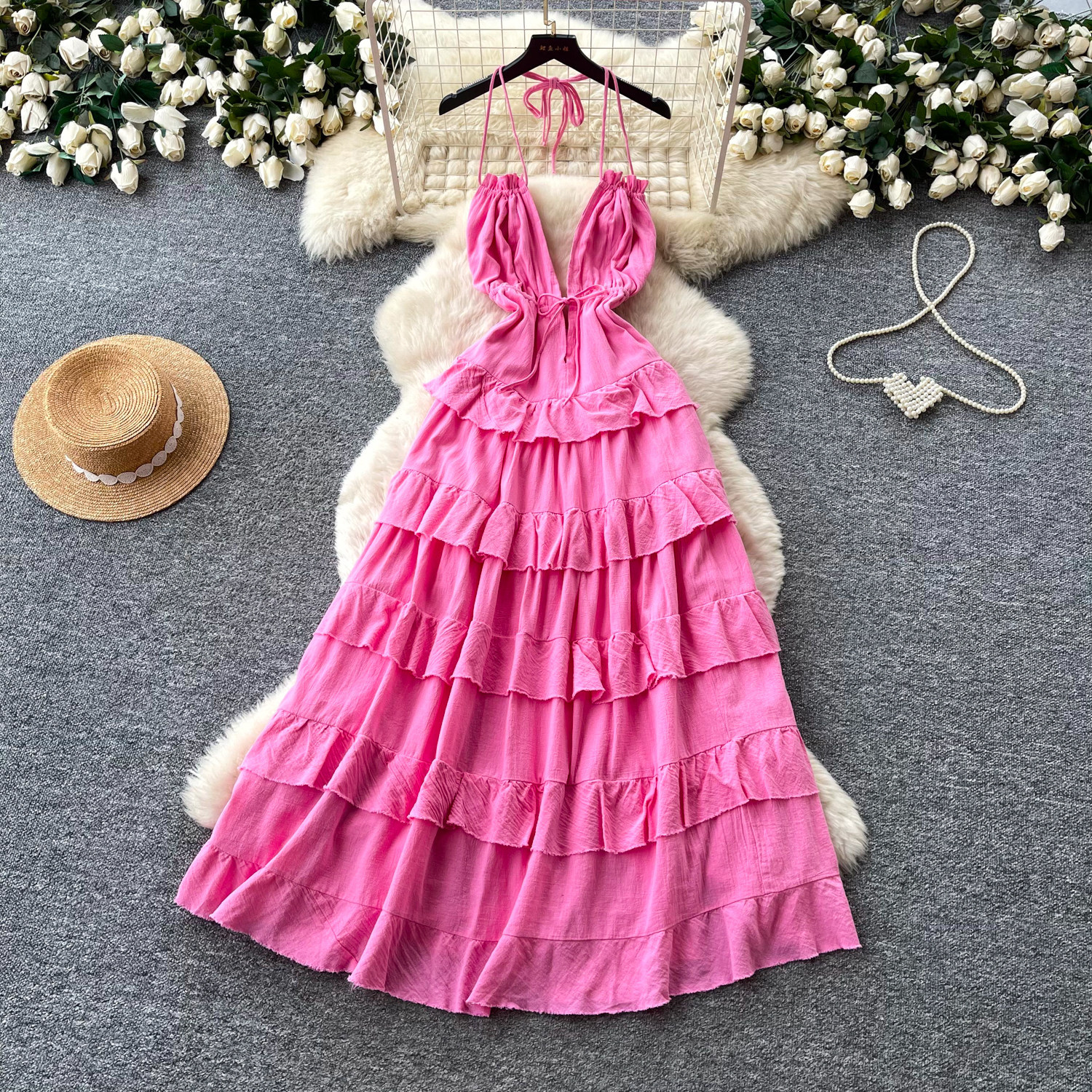 Summer Womens Maxi Dress Elegant Deep V Neck Halter Neck Waist Tie Cake Style Perfect for Parties and Special
