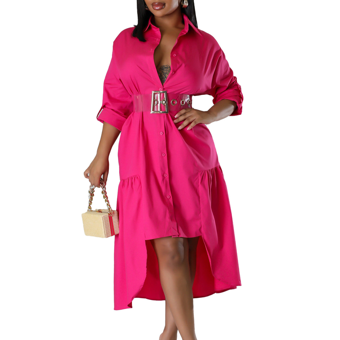 Womens Button Up Shirt Dress Solid Color Loose Fit Stylish Design Irregular Hem Casual Wear for Everyday Use