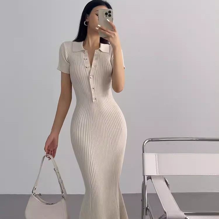 Long Polo Knit Dress Fishtail Hem Slim Fit Short Sleeve Bodycon Style Perfect for Office Wear Wholesale Available