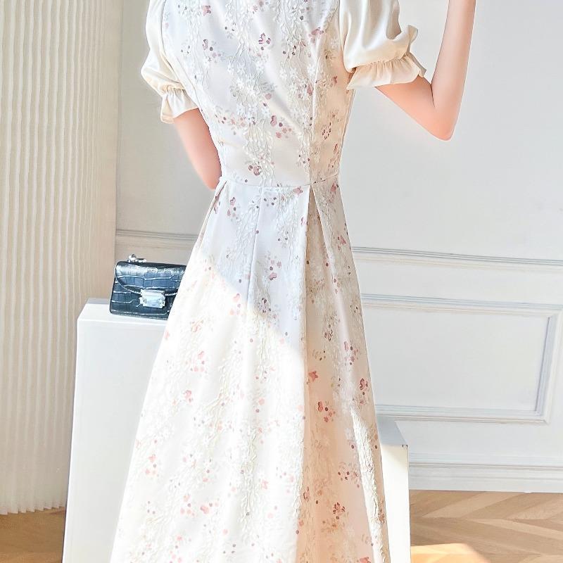 French Style Elegant Short Sleeve Maxi Dress Soft Floral Print White Color Summer Fashion Wholesale Available