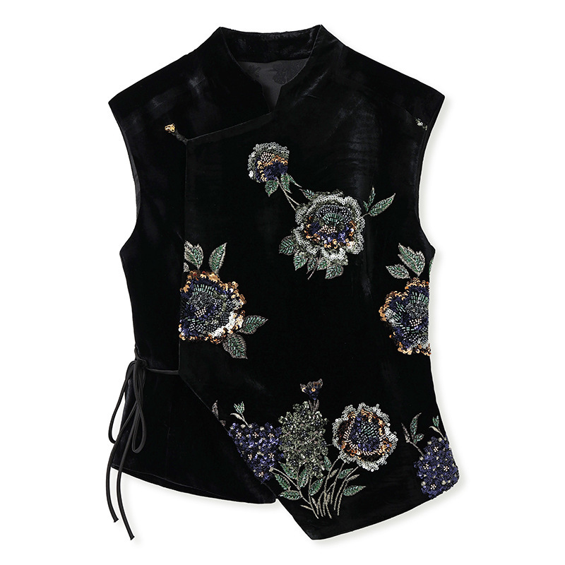 Áo vest nữ dáng gile thêu sequin chất liệu tơ tằm phối polyester — Áo Vest Vàng Đen (Giao Hàng Ngay), Áo Vest Vàng Đen (Giao Hàng Trong 7 Ngày)