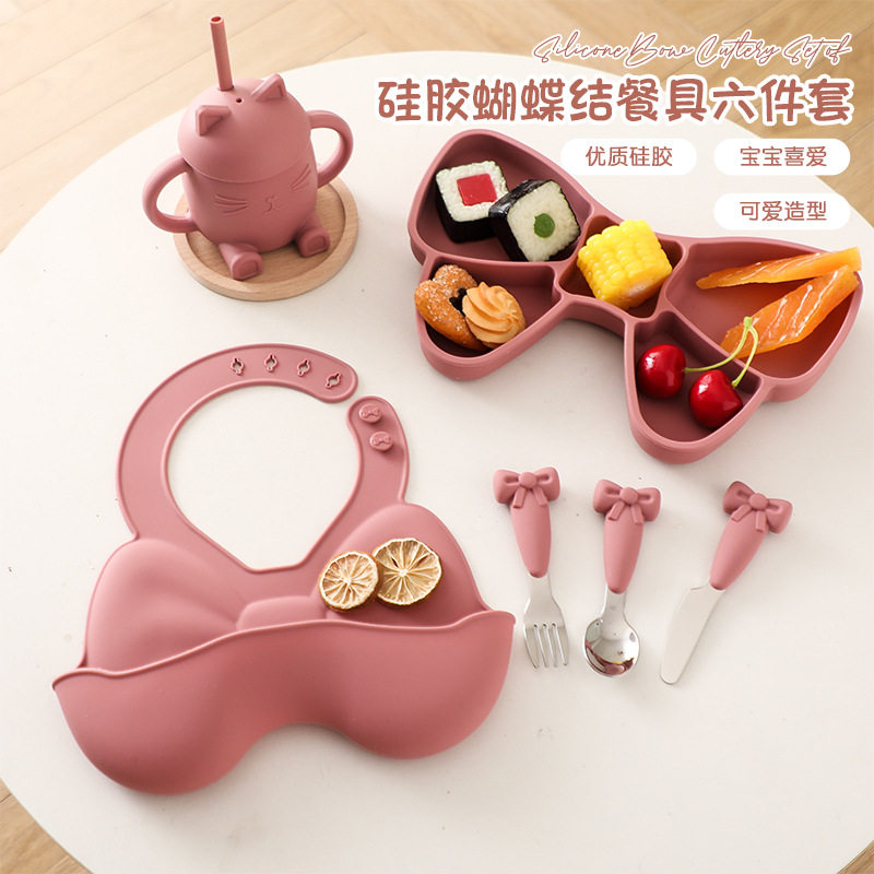 Amazon New Silicone Tableware suit Children's Supplementary Food Bow Split Plate Baby Dining Bib Fork Spoon