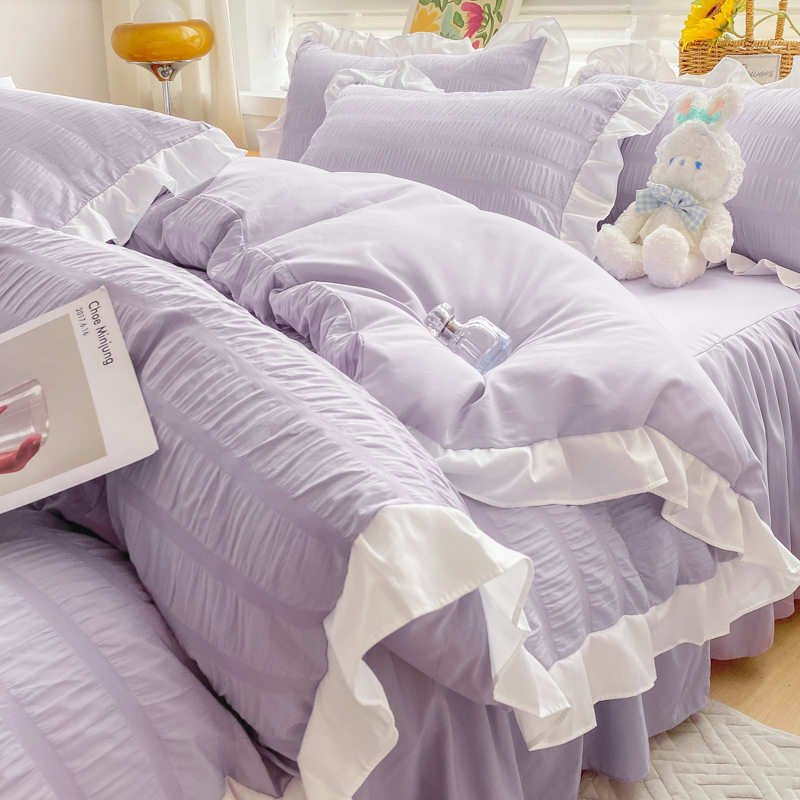 Spring and Summer Korean Princess Style Four-piece Set White Seersucker Lace Bed Sheet Quilt Cover Washed Cotton Bed Skirt Solid Color Three-piece Set