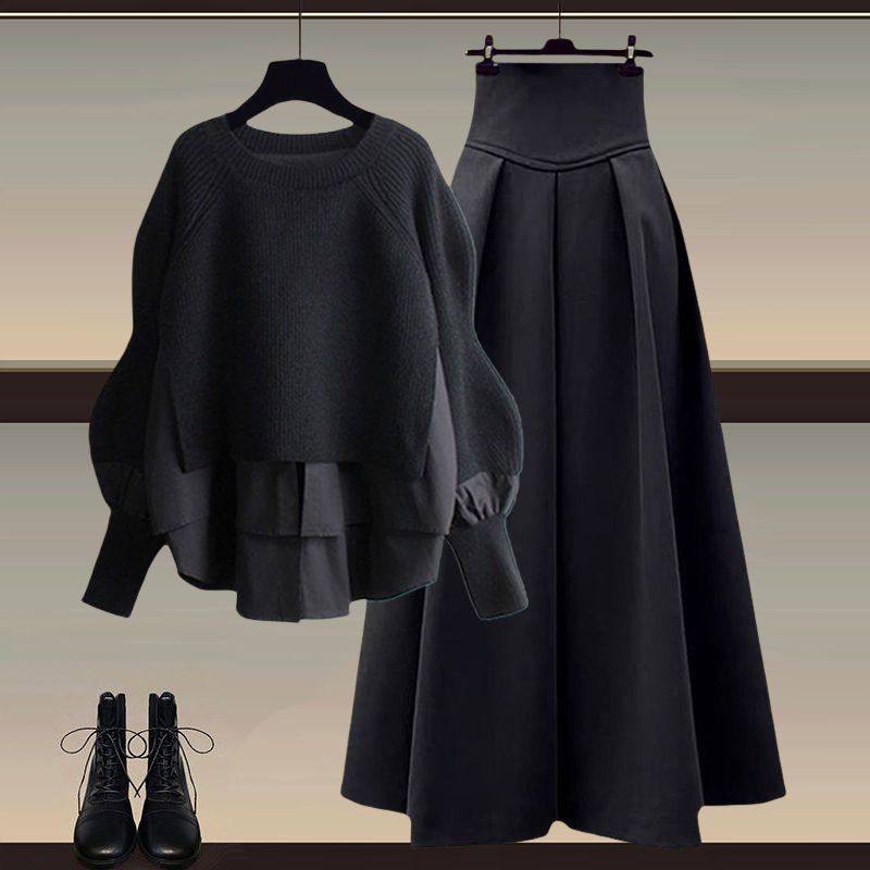 Autumn suit Women's 2025 New plus size Women's Fashion Fake Two-piece Top Elegant Slim Skirt Two-piece Set