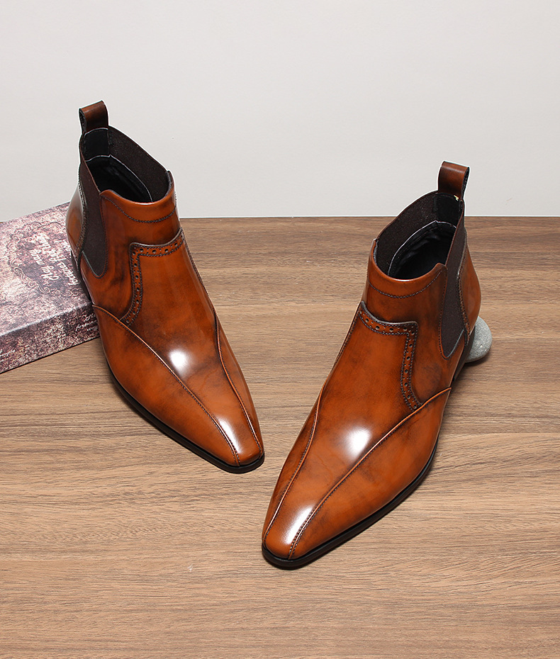 Giày Chelsea boot nam da bò mũi nhọn, cổ vừa, đế cao su — Màu đen, Màu vàng nâu