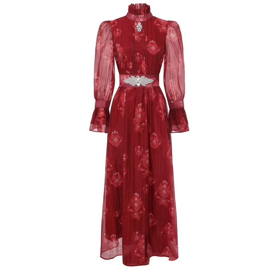 French Court Style Embroidered Lantern Sleeve Dress Summer Slim Fit A Line Rhinestone Accents Elegant Evening Wear