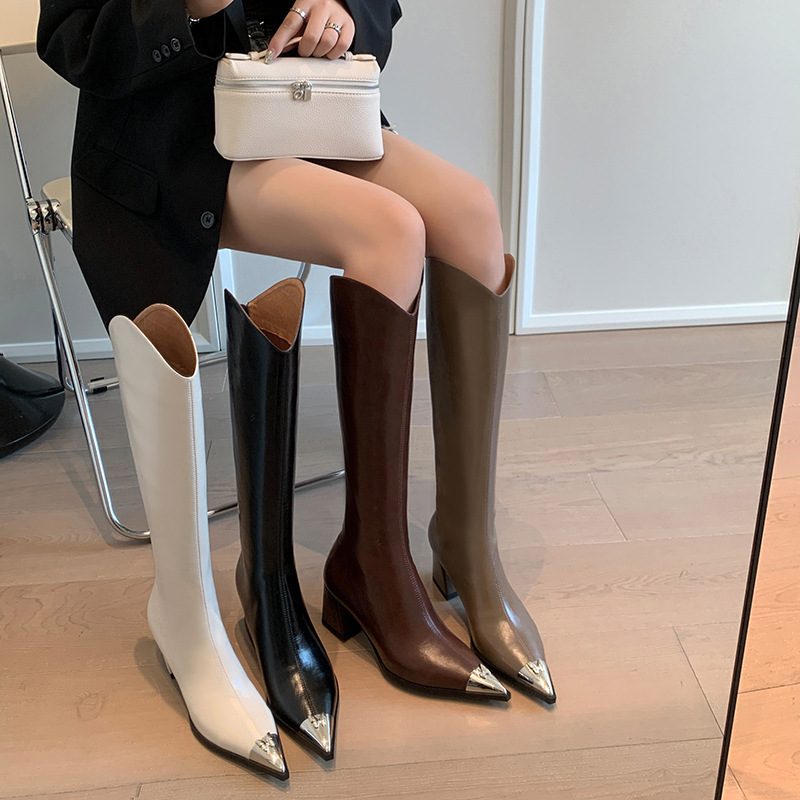 Boot nữ cổ cao mũi nhọn da bò gót thô phong cách kỵ sĩ — Màu be lót nhung bên trong, Màu be một lớp lót trong, Màu đen lót một lớp, Màu đen lót nhung